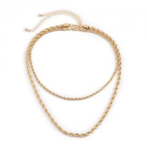 Twisted Chain Design Dual Layers Hip-hop Fashion Necklace - Golden