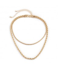 Twisted Chain Design Dual Layers Hip-hop Fashion Necklace - Golden