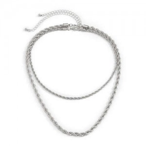 Twisted Chain Design Dual Layers Hip-hop Fashion Necklace - Silver