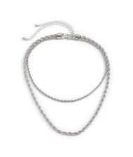 Twisted Chain Design Dual Layers Hip-hop Fashion Necklace - Silver