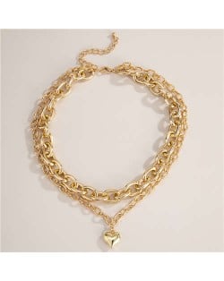 Heart Pendant Dual Layers Short Costume Choker Necklace - Golden