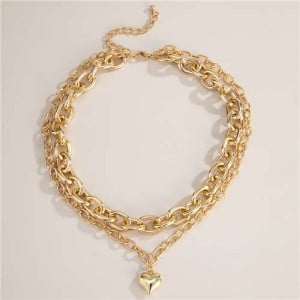 Heart Pendant Dual Layers Short Costume Choker Necklace - Golden