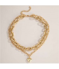 Heart Pendant Dual Layers Short Costume Choker Necklace - Golden