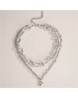 Heart Pendant Dual Layers Short Costume Choker Necklace - Silver