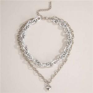 Heart Pendant Dual Layers Short Costume Choker Necklace - Silver