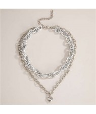 Heart Pendant Dual Layers Short Costume Choker Necklace - Silver