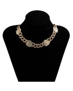 Rhinestone Inlaid Hearts Cuban Link Chain Hip-hop Fashion Choker Necklace - Luminous White