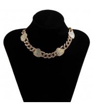 Rhinestone Inlaid Hearts Cuban Link Chain Hip-hop Fashion Choker Necklace - Luminous White