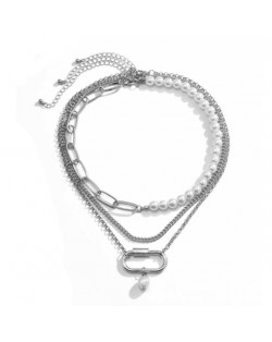 Pearls and Alloy Chains Mix Design Western High Fashion Women Costume Necklace - Silver