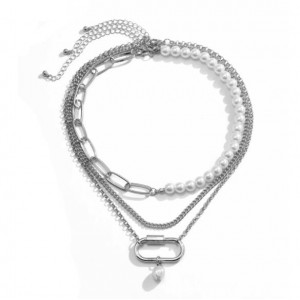 Pearls and Alloy Chains Mix Design Western High Fashion Women Costume Necklace - Silver