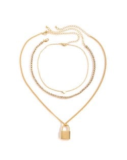 Lock and Heart Triple Layers Vintage Fashion Women Costume Wholesale Necklace - Golden