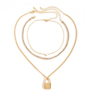 Lock and Heart Triple Layers Vintage Fashion Women Costume Wholesale Necklace - Golden