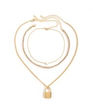 Lock and Heart Triple Layers Vintage Fashion Women Costume Wholesale Necklace - Golden