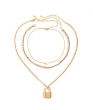 Lock and Heart Triple Layers Vintage Fashion Women Costume Wholesale Necklace - Golden