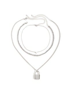 Lock and Heart Triple Layers Vintage Fashion Women Costume Wholesale Necklace - Silver