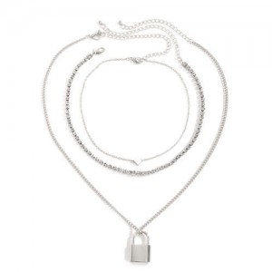 Lock and Heart Triple Layers Vintage Fashion Women Costume Wholesale Necklace - Silver