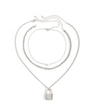 Lock and Heart Triple Layers Vintage Fashion Women Costume Wholesale Necklace - Silver