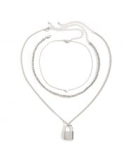 Lock and Heart Triple Layers Vintage Fashion Women Costume Wholesale Necklace - Silver