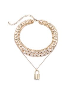 Lock Pendant Rhinestone Inlaid Cuban Link Chain Western Fashion Women Wholesale Necklace - Golden