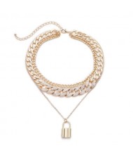 Lock Pendant Rhinestone Inlaid Cuban Link Chain Western Fashion Women Wholesale Necklace - Golden