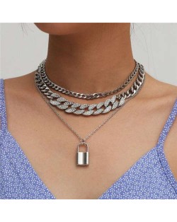 Lock Pendant Rhinestone Inlaid Cuban Link Chain Western Fashion Women Wholesale Necklace - Silver