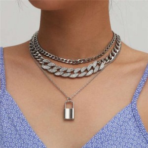 Lock Pendant Rhinestone Inlaid Cuban Link Chain Western Fashion Women Wholesale Necklace - Silver
