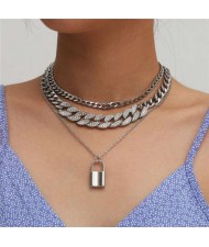 Lock Pendant Rhinestone Inlaid Cuban Link Chain Western Fashion Women Wholesale Necklace - Silver