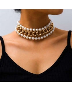 Bold Style Pearl and Golden Chain Combo U.S. High Fashion Women Choker Necklace