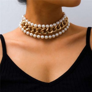 Bold Style Pearl and Golden Chain Combo U.S. High Fashion Women Choker Necklace