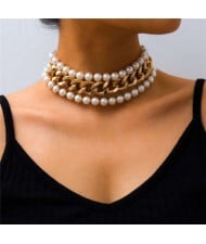 Bold Style Pearl and Golden Chain Combo U.S. High Fashion Women Choker Necklace