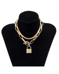 Elegant Lock Pendant Dual Layers Chain U.S. High Fashion Wholesale Costume Necklace - Golden