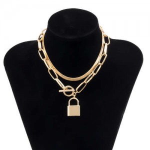 Elegant Lock Pendant Dual Layers Chain U.S. High Fashion Wholesale Costume Necklace - Golden
