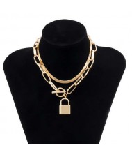 Elegant Lock Pendant Dual Layers Chain U.S. High Fashion Wholesale Costume Necklace - Golden