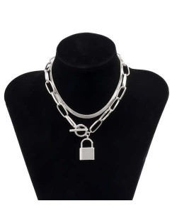 Elegant Lock Pendant Dual Layers Chain U.S. High Fashion Wholesale Costume Necklace - Silver