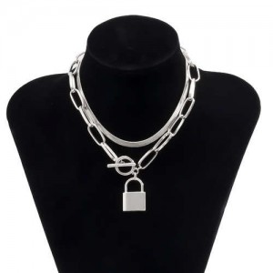 Elegant Lock Pendant Dual Layers Chain U.S. High Fashion Wholesale Costume Necklace - Silver
