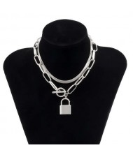 Elegant Lock Pendant Dual Layers Chain U.S. High Fashion Wholesale Costume Necklace - Silver