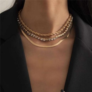 Shining Rhinestone Triple Layers Chain High Fashion Necklaces Combo - Golden