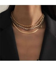 Shining Rhinestone Triple Layers Chain High Fashion Necklaces Combo - Golden