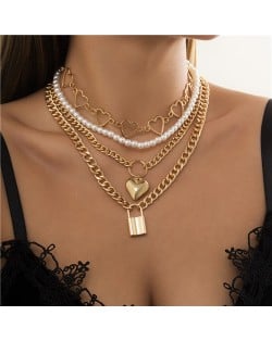 Hip-hop Fashion Linked Rings Pendant Multiple Layers Women Costume Necklace - Golden