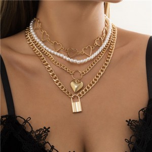 Hip-hop Fashion Linked Rings Pendant Multiple Layers Women Costume Necklace - Golden