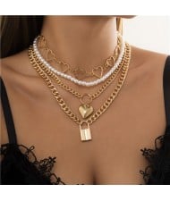 Hip-hop Fashion Linked Rings Pendant Multiple Layers Women Costume Necklace - Golden