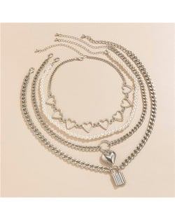 Hip-hop Fashion Linked Rings Pendant Multiple Layers Women Costume Necklace - Silver
