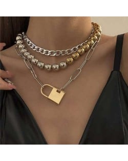 Punk Fashion Golden and Silver Colors Lock Pendant Triple Layers Costume Wholesale Necklace
