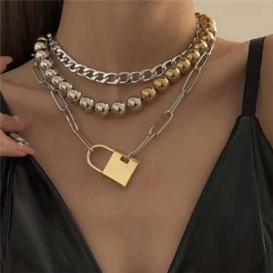 Punk Fashion Golden and Silver Colors Lock Pendant Triple Layers Costume Wholesale Necklace