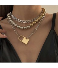 Punk Fashion Golden and Silver Colors Lock Pendant Triple Layers Costume Wholesale Necklace