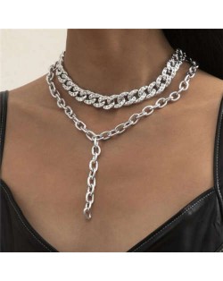 High Fashion Dual Layers Hip-hop Chain Style Women Costume Necklace - Silver