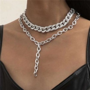 High Fashion Dual Layers Hip-hop Chain Style Women Costume Necklace - Silver
