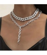 High Fashion Dual Layers Hip-hop Chain Style Women Costume Necklace - Silver