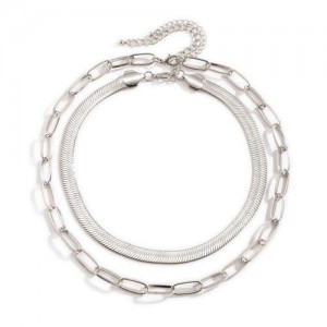 Dual Layers Snake Chain High Fashion Women Wholesale Choker Necklace - Silver