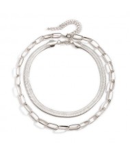 Dual Layers Snake Chain High Fashion Women Wholesale Choker Necklace - Silver